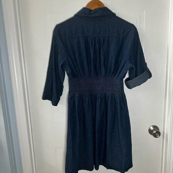 Denim Zip‑Front Utility Dress Small Smocked Waist Roll‑Tab Sleeves - Picture 7 of 7